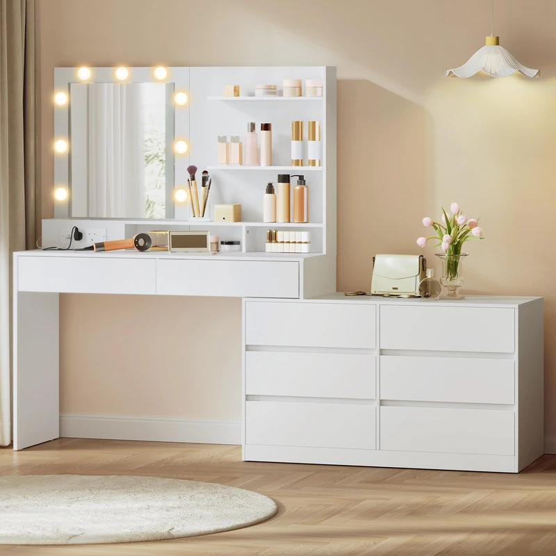 VASAGLE KAILYN Collection - Dressing Table with LED Lighted Mirror and Power Outlets, Modern Vanity Table with 9 Bulbs, 8 Drawers, 3 Shleves, 3 Colours, Straight or L Shaped, Cloud White RDT140WB02