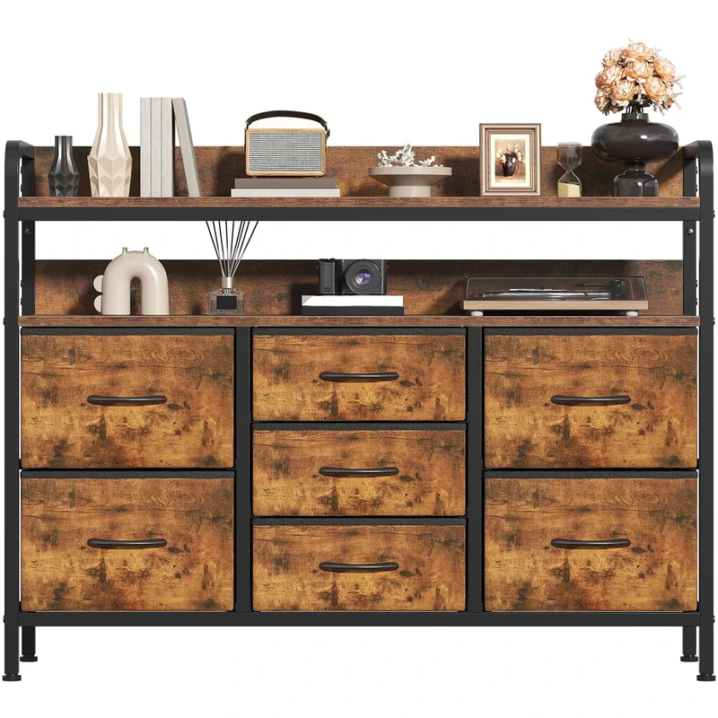 Feonase 7-Drawer Fabric Chest Of Drawers for Bedroom - 4 Large and 3 Small Drawers with Handles, Storage Organizer with Open Shelf & Sturdy Metal Frame, Ideal for Living Room/Entryway (Rustic Brown)