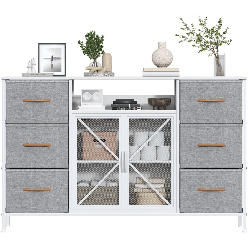 Feonase Chest of Drawers with 6 Drawers& Mesh Doors,Bedroom Drawers, Fabric Dresser with Wood Top,TV Stand Storage Unit for Bedroom, Living room(Light Gray)