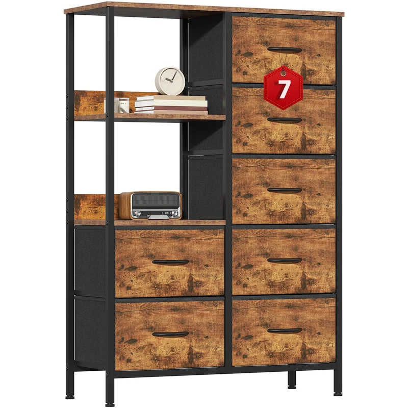 Feonase Chest of Drawers, 7 Fabric Drawers Cabinet with Open Shelves, Wood Top and Sturdy Steel Frame for Bedroom, Living Room(Rustic Brown)