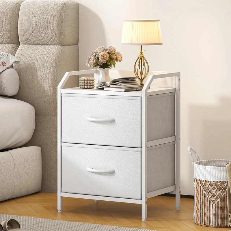 Feonase Bedside Table, Bedroom Bedside Cabinet with 2 Fabric Drawers, Nightstand Side Table for Bedrooms, Living Rooms(White)