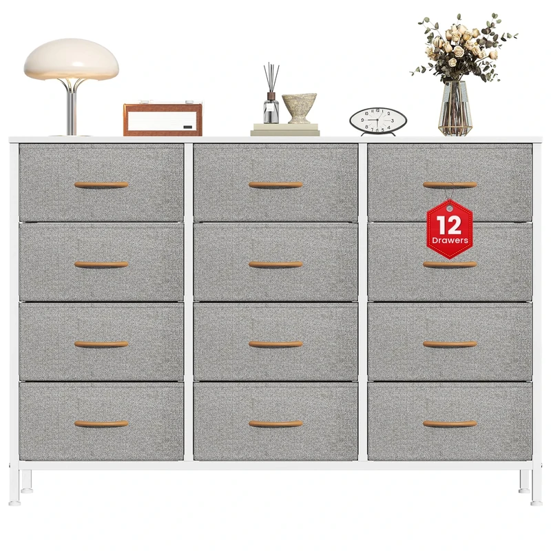 Feonase Chest of Drawers with 12 Drawers,Bedroom Drawers, Fabric Dresser with Wood Top,Drawer storage unit for for Bedroom, Living room(Light Gray)