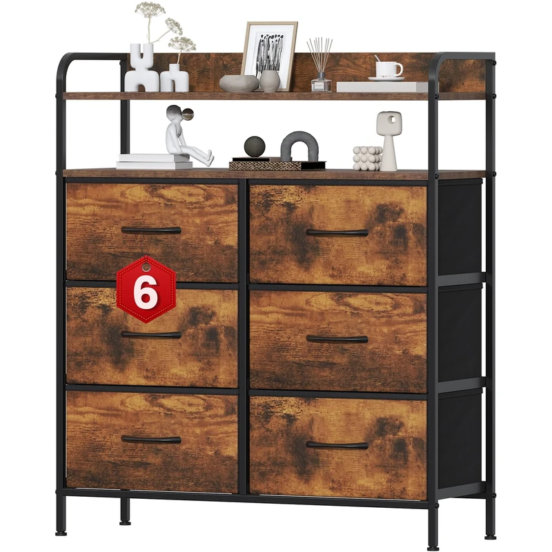 Feonase 6 Drawer Fabric Chest Of Drawers, Double Wooden Top Fabric Storage Tower - Sturdy Steel Frame Dresser for Bedroom/Living Room/Baby Room, Large Capacity Storage Organizer (Rustic Brown)