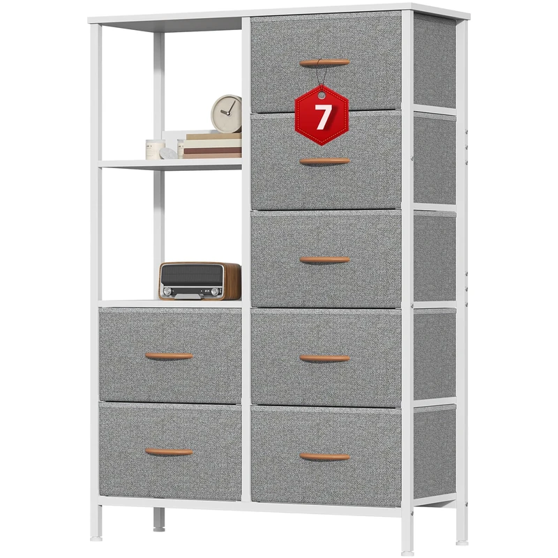 Feonase Chest of Drawers, 7 Fabric Drawers Cabinet with Open Shelves, Wood Top and Sturdy Steel Frame for Bedroom, Living Room(Light Gray)
