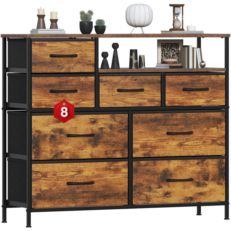 Feonase Chest of Drawers Bedroom, 8 Fabric Drawers with 2Top Open Shelves, Suitable for Bedrooms, Living Rooms(Rustic Brown)