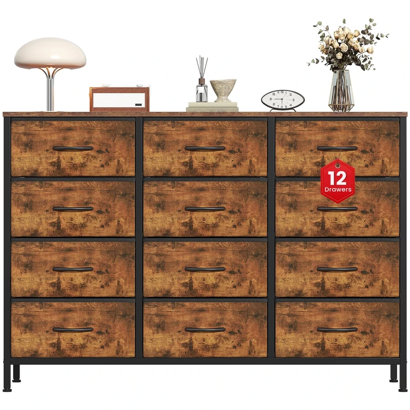 Feonase Chest of Drawers with 12 Drawers,Bedroom Drawers, Fabric Dresser with Wood Top,Drawer storage unit for for Bedroom, Living room(Rustic Brown)