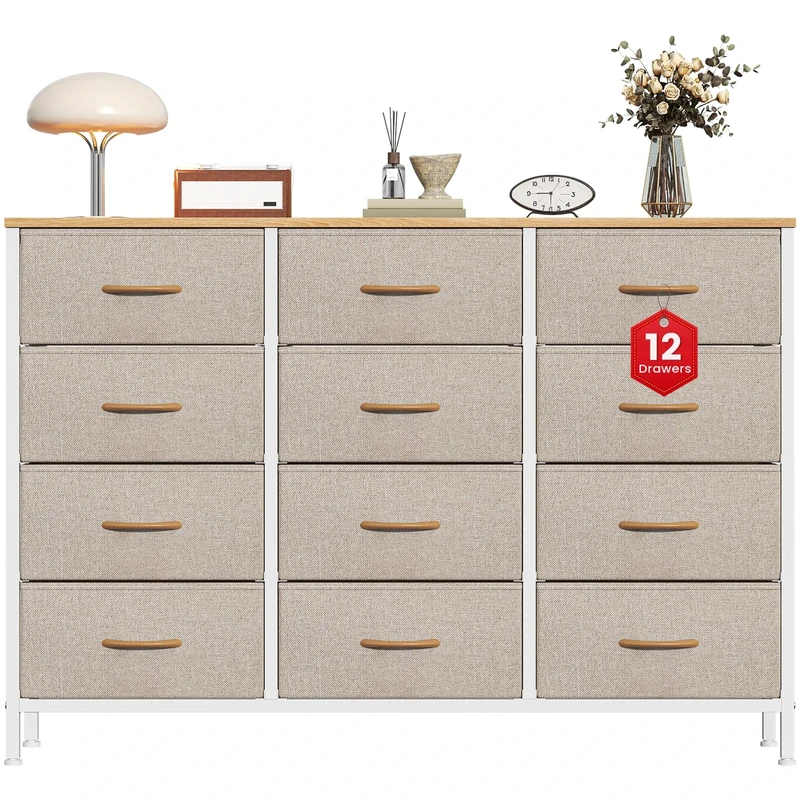 Feonase Chest of Drawers with 12 Drawers,Bedroom Drawers, Fabric Dresser with Wood Top,Drawer storage unit for for Bedroom, Living room(Beige)