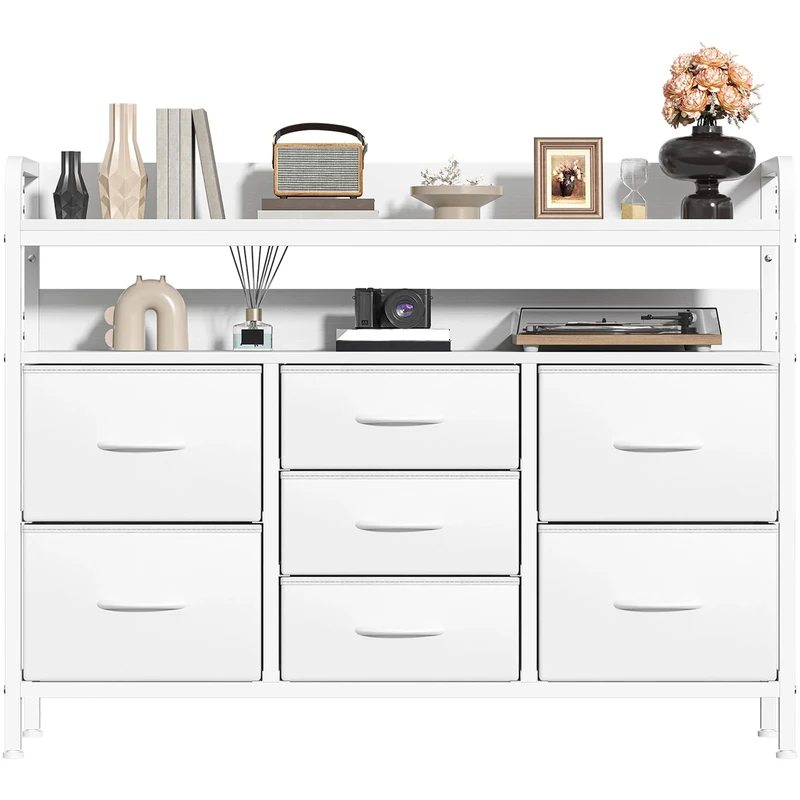Feonase 7-Drawer Fabric Chest Of Drawers for Bedroom - 4 Large and 3 Small Drawers with Handles, Storage Organizer with Open Shelf & Sturdy Metal Frame, Ideal for Living Room/Entryway (White)
