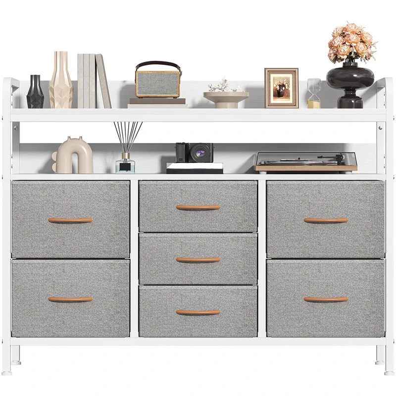 Feonase 7-Drawer Fabric Chest Of Drawers for Bedroom - 4 Large and 3 Small Drawers with Handles, Storage Organizer with Open Shelf & Sturdy Metal Frame, Ideal for Living Room/Entryway (Light Gray)