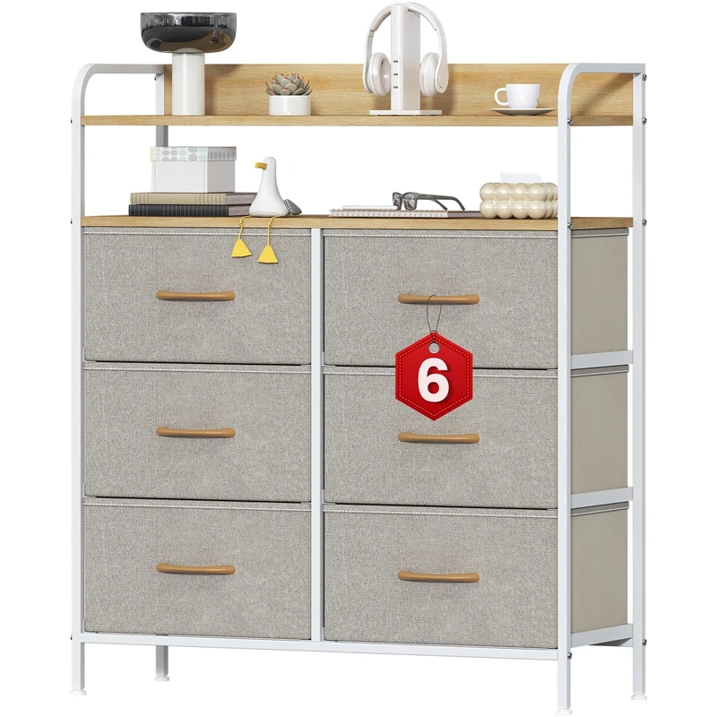 Feonase 6 Drawer Fabric Chest Of Drawers, Double Wooden Top Fabric Storage Tower - Sturdy Steel Frame Dresser for Bedroom/Living Room/Baby Room, Large Capacity Storage Organizer (Beige)