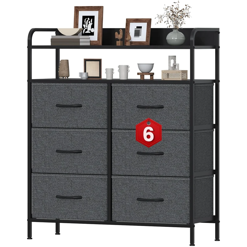 Feonase 6 Drawer Fabric Chest Of Drawers, Double Wooden Top Fabric Storage Tower - Sturdy Steel Frame Dresser for Bedroom/Living Room/Baby Room, Large Capacity Storage Organizer (Deep Gray)