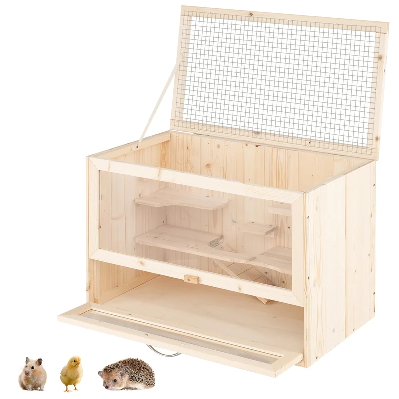 FANTASK Hamster Cage with Folding Lid Mesh Folding Lid Multi-Ladder Areas Ramp Acrylic Panel & Lockable Door Small Animal Cage 60x35.5x42cm