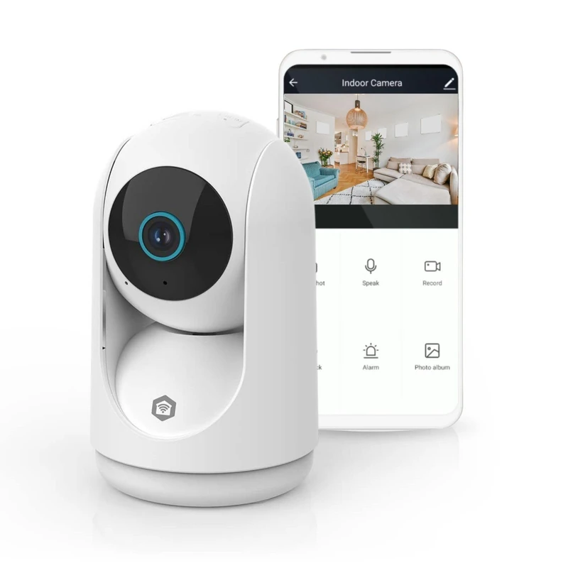 NEDIS Smart Wi-Fi Pan Tilt Indoor Camera, 3MP Full HD 1296p, Night Vision, Motion & Human Detection, Customisable Zones, Two-Way Audio, Cloud or MicroSD Storage, Works with Alexa & Google