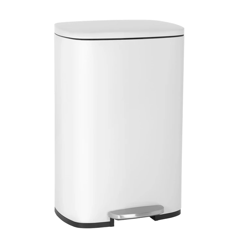 BestOffice 50 L Garbage Can Kitchen Trash Can with Lid for Office Bedroom Bathroom Step Trash Bin Fingerprint-Proof Brushed Stainless Steel，White