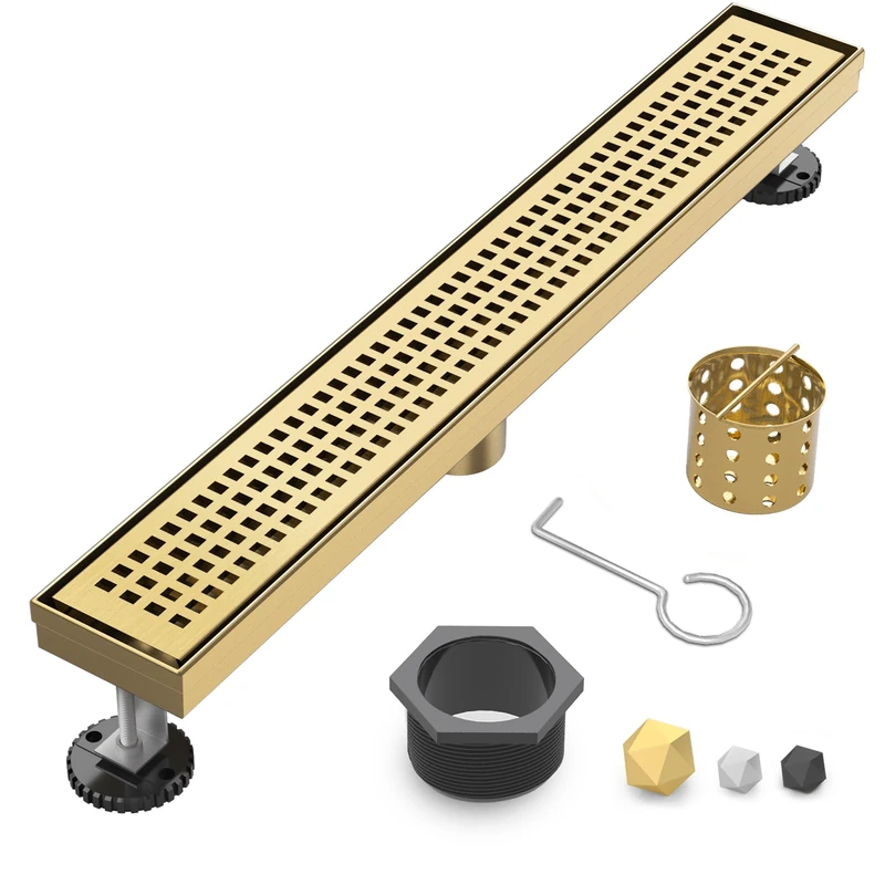 Linear Shower Drain | 32 Inch AISI 304 Stainless Steel Shower Drain, Brushed Gold Linear Drain with Removable Quadrato Grate Cover & Adjustable Feet, Rectangle Floor Drain, in Bathroom Balcony etc