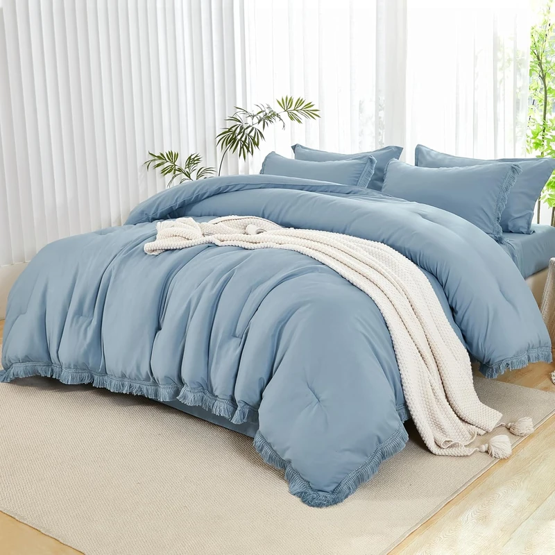 Andency California King Comforter Set, 7 Pieces Grayish Blue Bedding