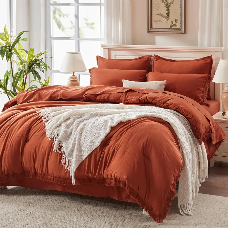 Andency Oversized King Comforter Set, 7 Pieces Burnt Orange Bedding
