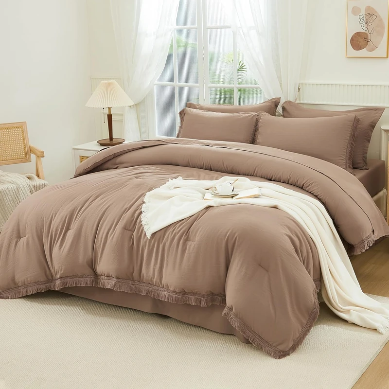 Andency Oversized King Comforter Set, 7 Pieces Taupe Bedding