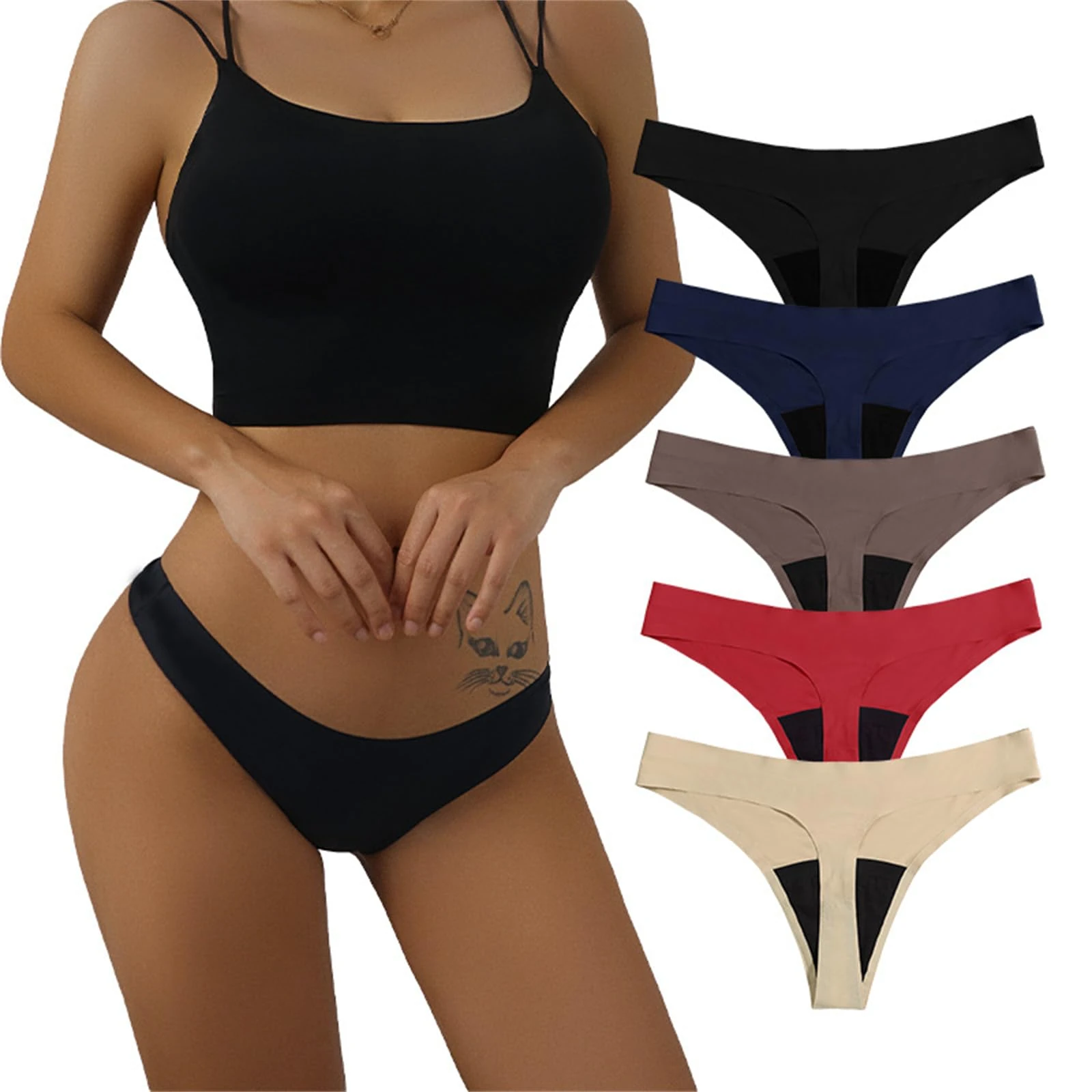 Thong No Camel Toe, Underwear Seamless Thongs, Anti Wedgie Seamless Thongs, No Show Panties Moisture Wicking Workout Thong (5PCS,L)