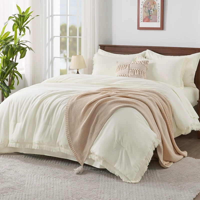 Andency Oversized King Comforter Set, 7 Pieces Ivory Bedding