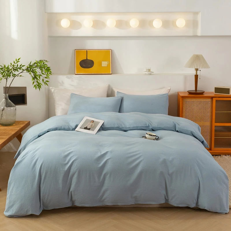 ECOCOTT 100% Washed Cotton Duvet Cover California King Size – Soft & Breathable Linen Feel Bedding Set, 3 Pieces Light Blue Comforter Cover with Zipper Closure for All Seasons