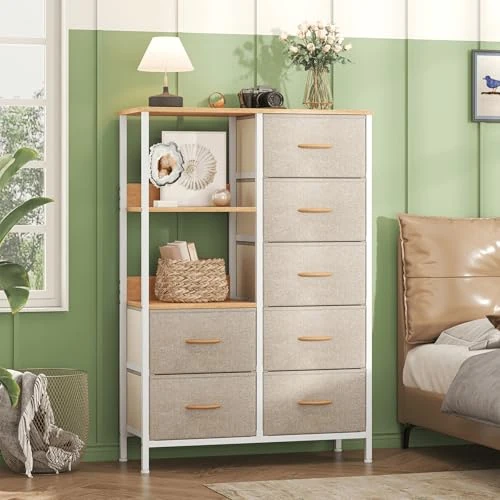Feonase Chest of Drawers, 7 Fabric Drawers Cabinet with Open Shelves, Wood Top and Sturdy Steel Frame for Bedroom, Living Room(Beige)