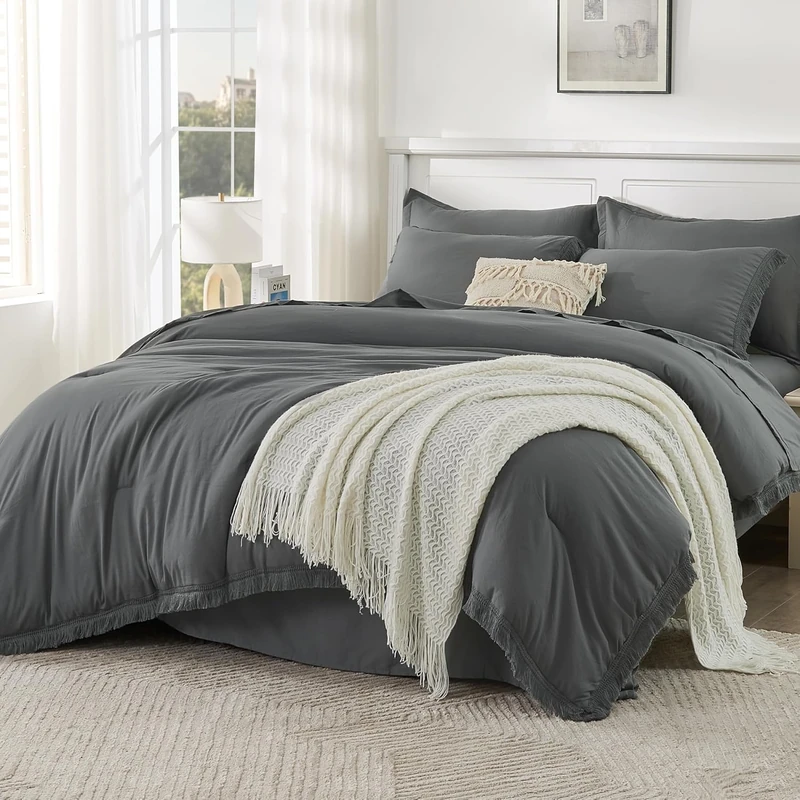 Andency Oversized King Comforter Set Dark Grey 120x98-7 Pieces Boho Tassel Bed in a Bag Soft Lightweight Bedding Sets, Rust Fringe All Season Bed Set with Comforter, Sheets, Pillowcases & Shams