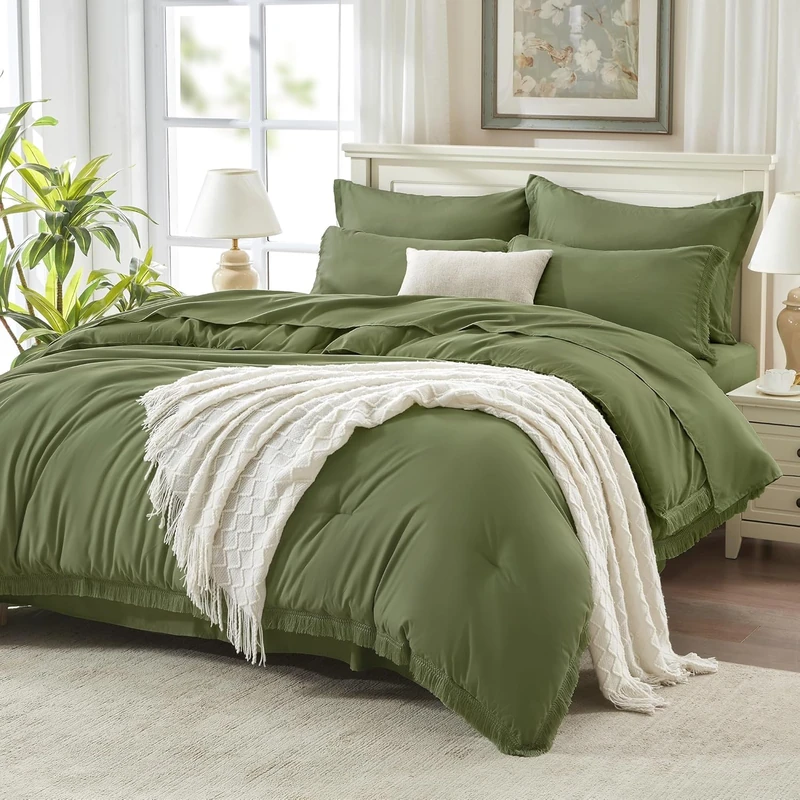 Andency Oversized King Comforter Set with Sheets 128x120 Olive Green - 7 Pieces Bed in a Bag Boho Soft Lightweight Bedding Sets, Rust Tassel Bed Set with Comforter, Sheets, Pillowcases & Shams