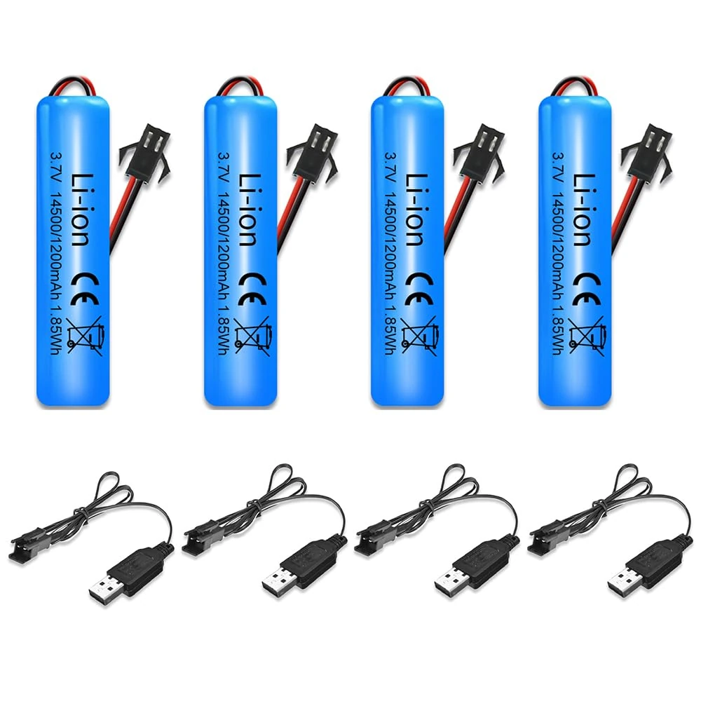 KBIBCK 4 PCS Li-ion Battery 3.7V 1200mAh,Rechargeable Lithium Batteries with Usb Charger SM-2P Plug Connector,Universal Li-ion Battery 14500 for RC Car Off Road Truck Jumper Vehicle Drift MonsterToys