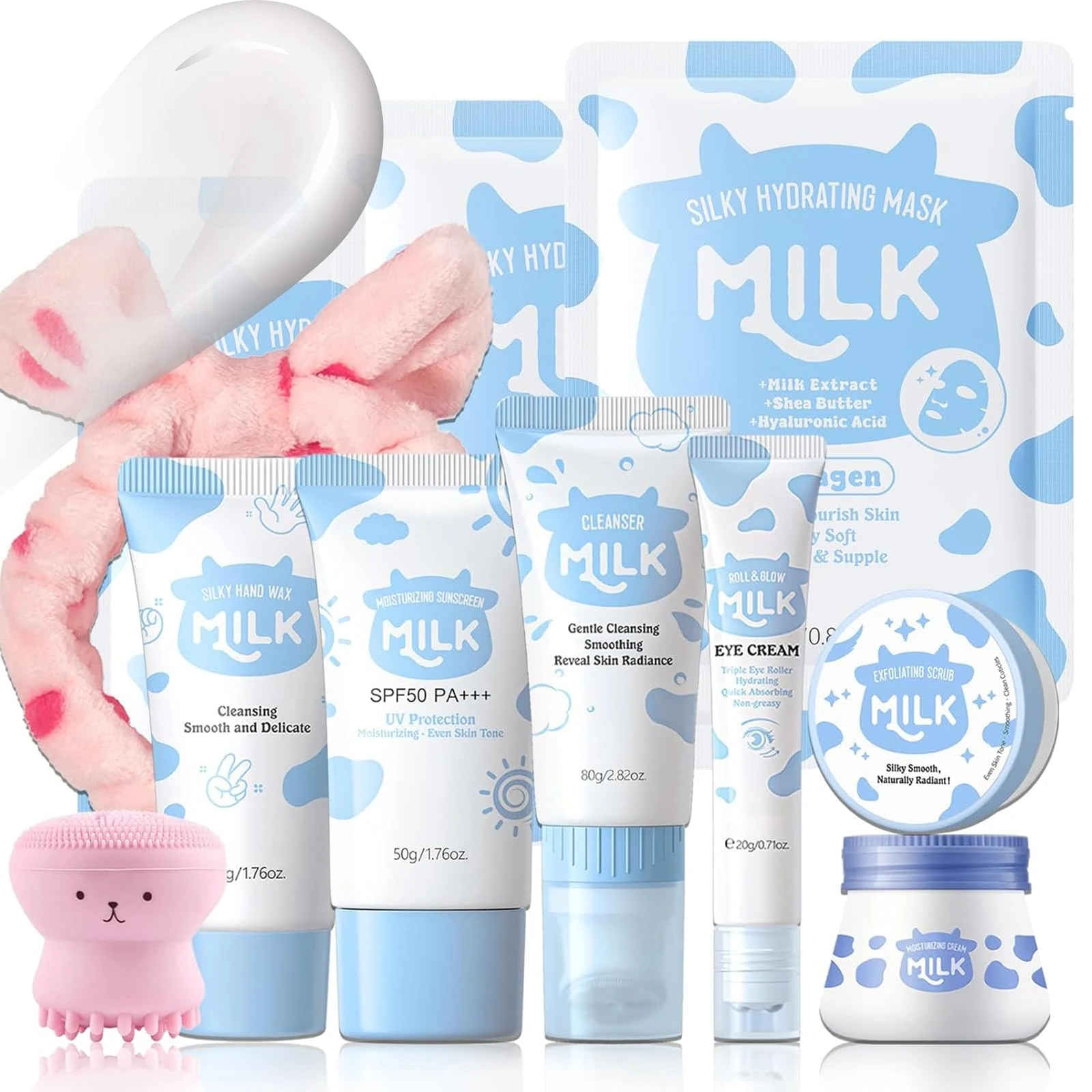 11PCS Milk Skin Care Sets & Kits - Milk Skincare - Teenage Girls Gifts - Milk Skincare Set For Kids - Travel Kit: Face & Eye Cream, Exfoliating Scrub, Cleanser, Hand Wax, Sunscreen, Mask - Hydrating