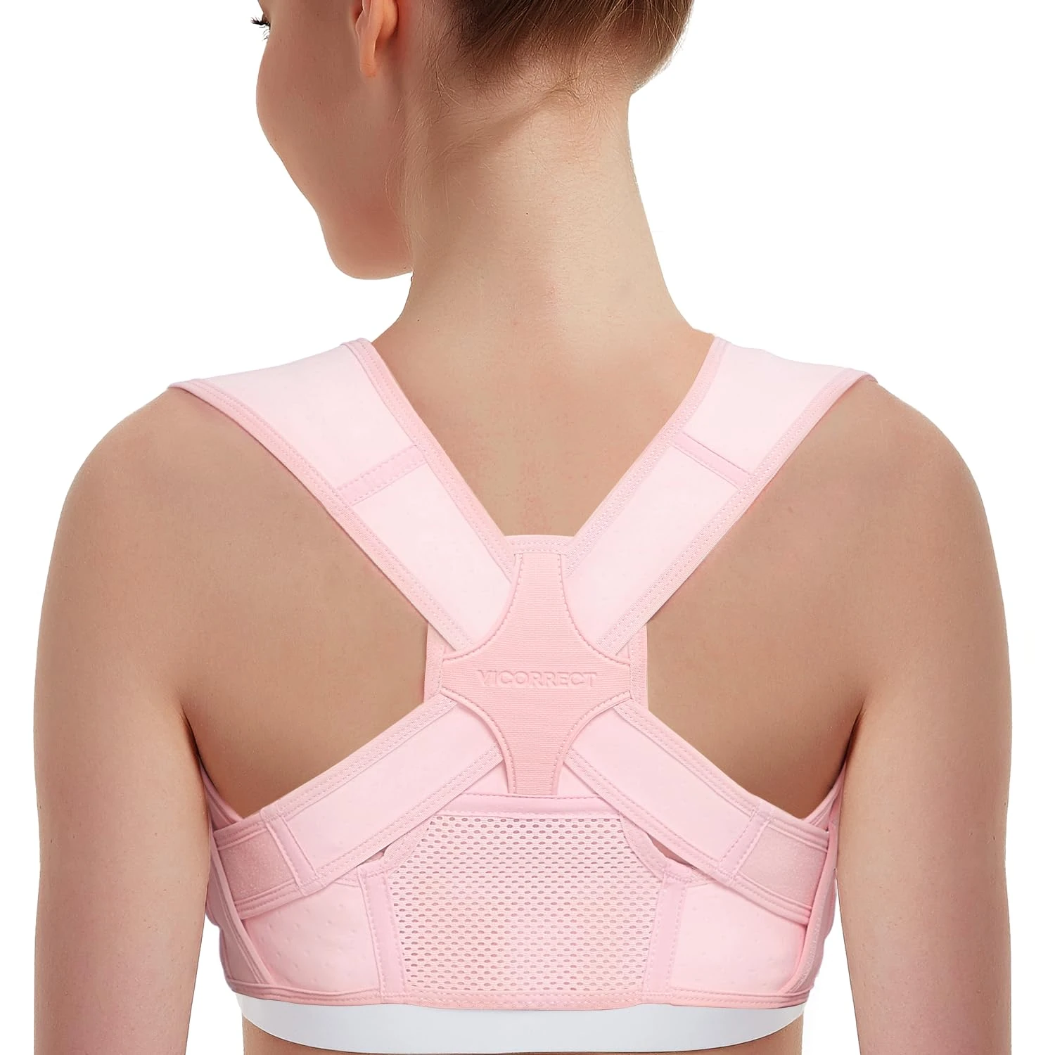 Vicorrect Posture Corrector for Women and Men: Adjustable Brace Straps for Upper Back Pain Relief and Shoulder Support (Pink, S/M)
