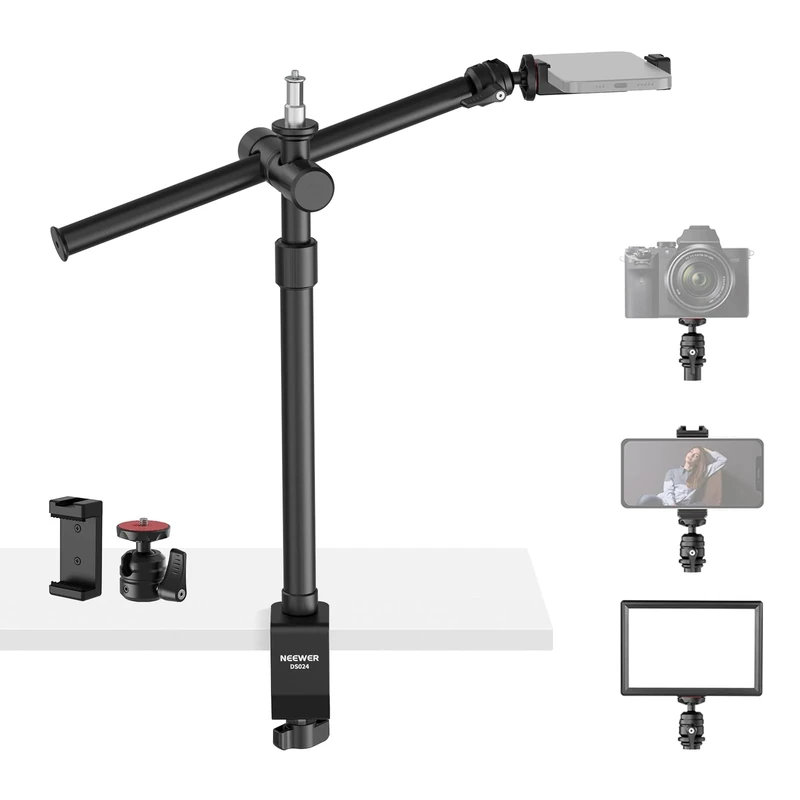 NEEWER Overhead Camera Desk Mount with Swivel Boom Arm, 1/4" Ball Head, Phone Holder & C Clamp, 22"/55.5cm Adjustable Webcam Mic Stand for LED Light Microphone Streaming Zoom Video Recording, DS024