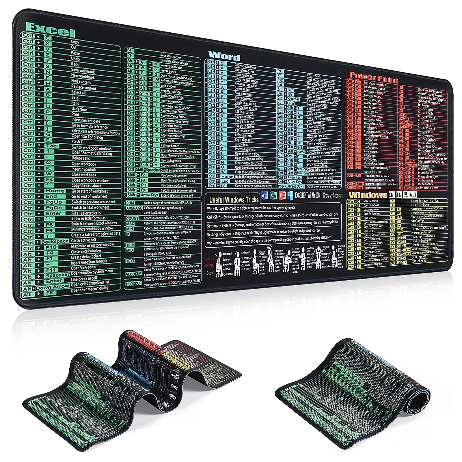 Eldvinur Excel Cheat Sheet Mouse Pad,800x300x3mm,Excel Shortcuts Mouse Mat,Multifunctional Large Desk Mat,Mouse Matt for Excel/Word/Outlook/Windows/Powerpoint Shortcut Keys