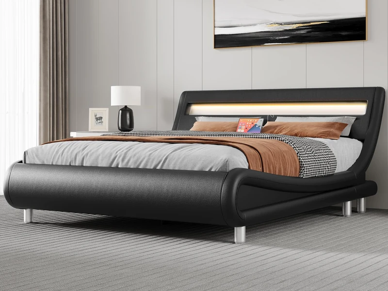 YITAHOME King Size Bed Frame,Upholstered Led with Lights & Storage Charging Station,Platform Bed Frame with Pu Leather/No Box Spring Needed,Black