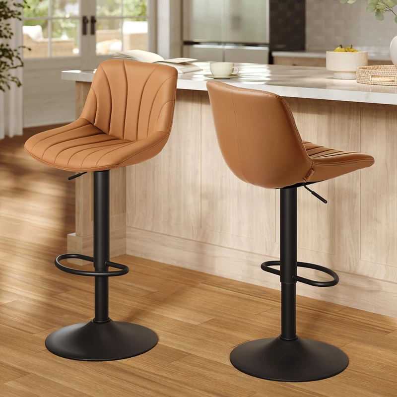 VASAGLE Bar Stools Set of 2, Adjustable Bar Chairs with Backs, 360° Swivel, Metal Footrest, Barstools, for Kitchen Dining Reception, PU Leather, Caramel Brown LJB181KN02 - Image 1