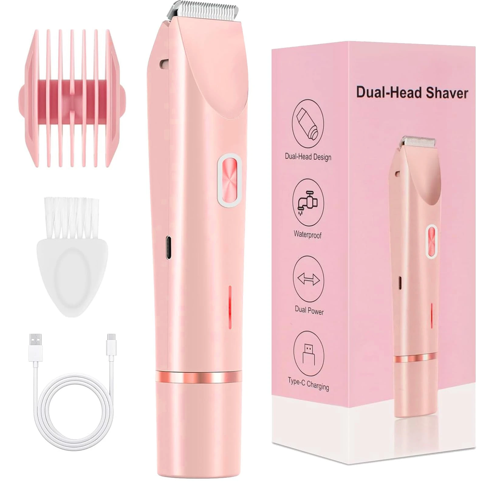 Bikini Trimmer for Women, 2-in-1 Dual Head Lady Shavers Facial Hair Removal Body Hair Trimmer, Wet & Dry Use Rechargeable Electric Razor for Womens Pubic Leg Arm Face (Pink)