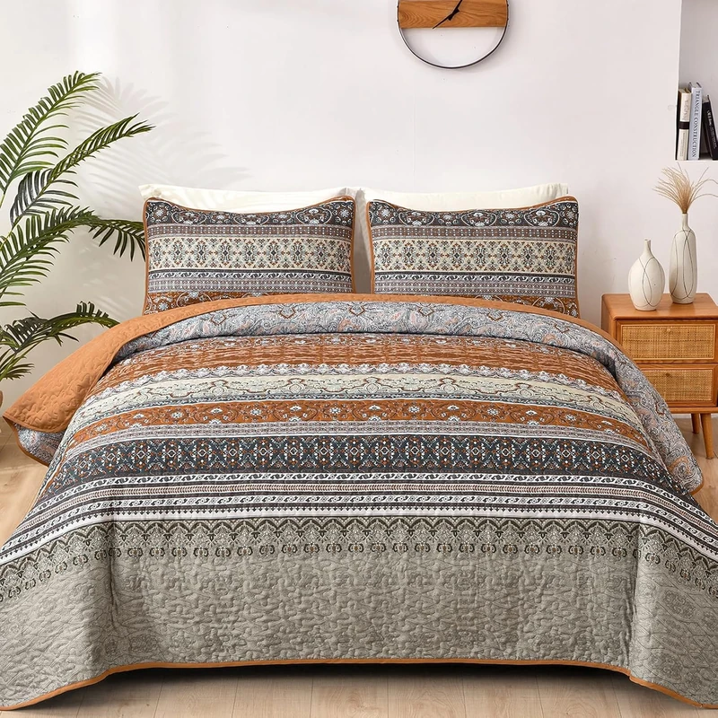 WONGS BEDDING Boho Fall Quilt Set California King, Brown and Grey Bohemian Striped Pattern Printed Quilt Coverlet, Lightweight Bed Decor Bedspread for All Season 106"x96"(3 Pieces, Cal King)