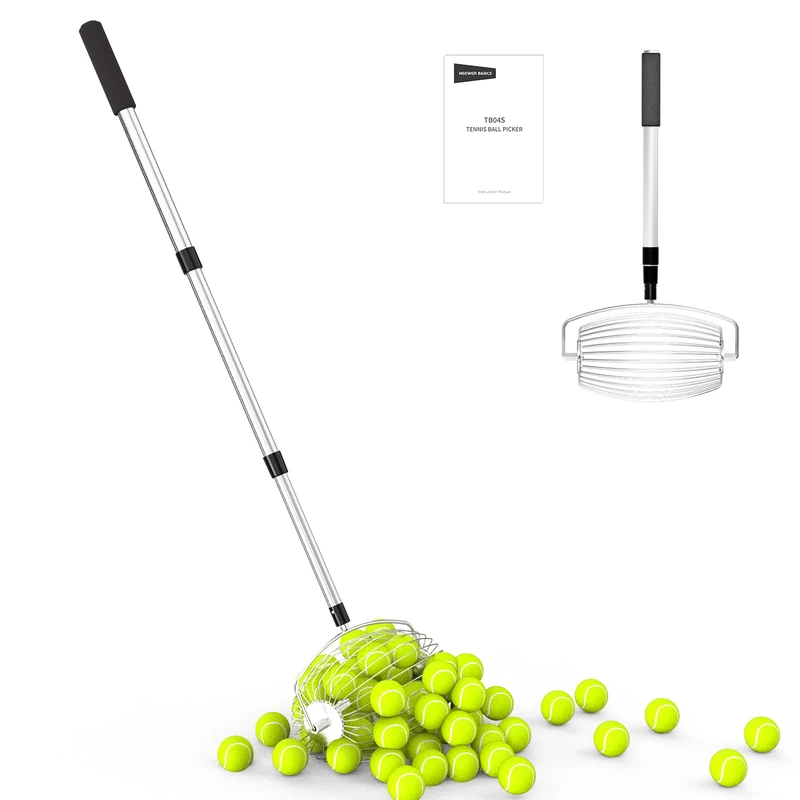 NEEWER BASICS TB04S Tennis Ball Picker Funnel, No More Bending, Fast Rolling Oval Collector, Pickleball Collecting Roll 70-138 cm Telescopic Golf Ball Roll Collector for up to 20 Tennis Balls
