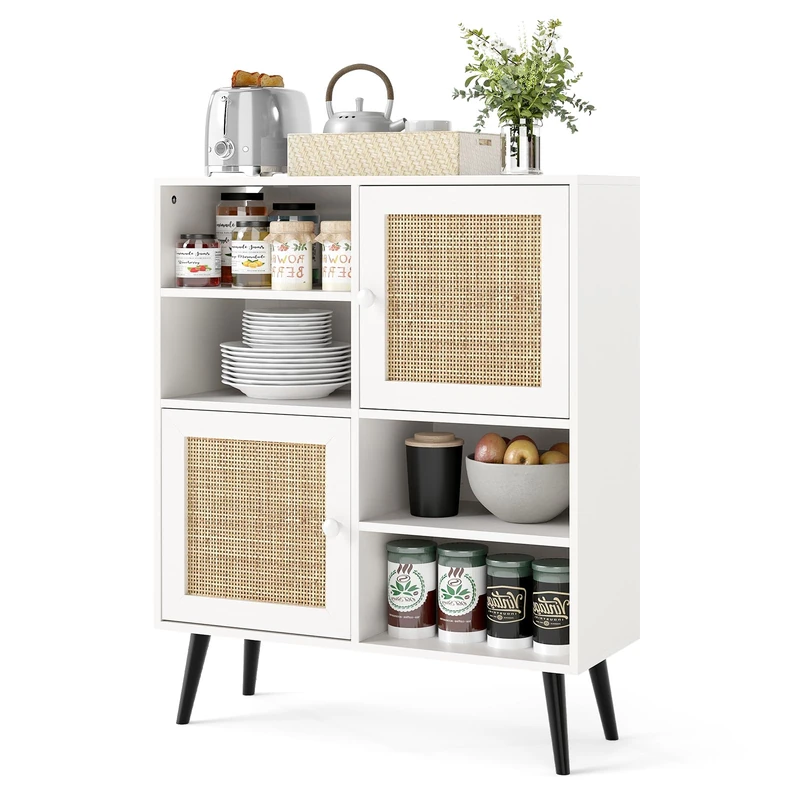GiantexUK Rattan Storage Sideboard, Wooden Buffet Storage Cabinet with 2 Doors, 4 Open Cubbies & Anti-toppling Device, Boho Freestanding Organizer Cupboard for Kitchen Dining Living Room (White)