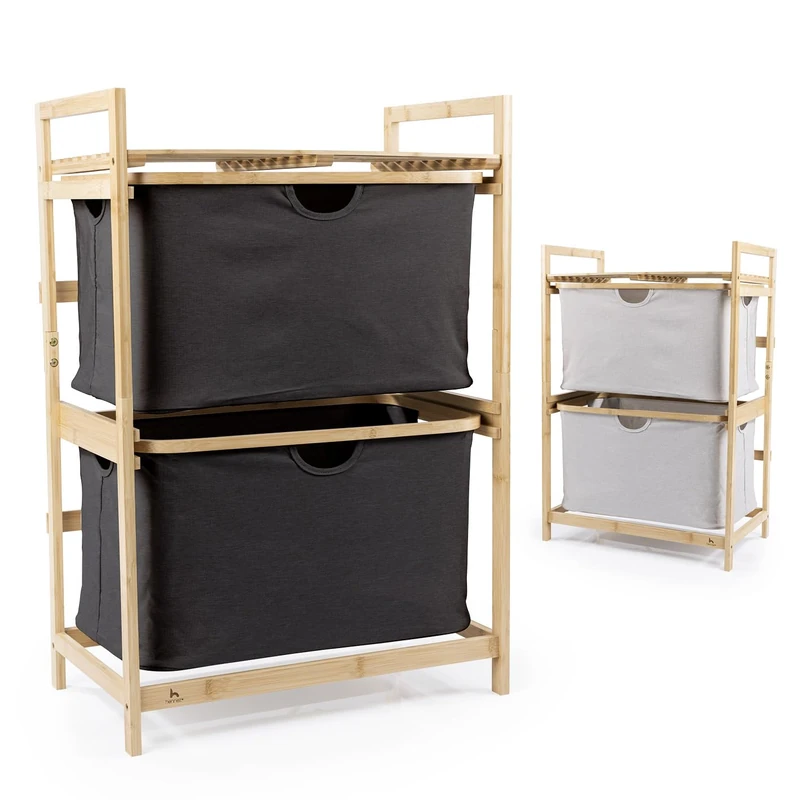 HENNEZ Bathroom Shelf, 2 Compartments, Bamboo Shelf with Shelf and 2 Baskets, Bathroom Shelf with Drawer Boxes, Standing Shelf, Ideal as a Chest of Drawers & Laundry Hamper, Laundry Sorter with Fabric