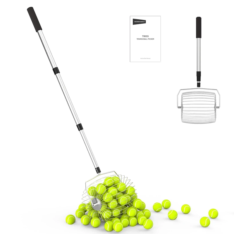 NEEWER BASICS Tennis Ball Picker Funnel, No More Bending, Fast Rolling Oval Collector, Pickleball Collecting Roll 80-144 cm Telescopic Golf Ball Roll Collector for up to 35 Tennis Balls, TB05S