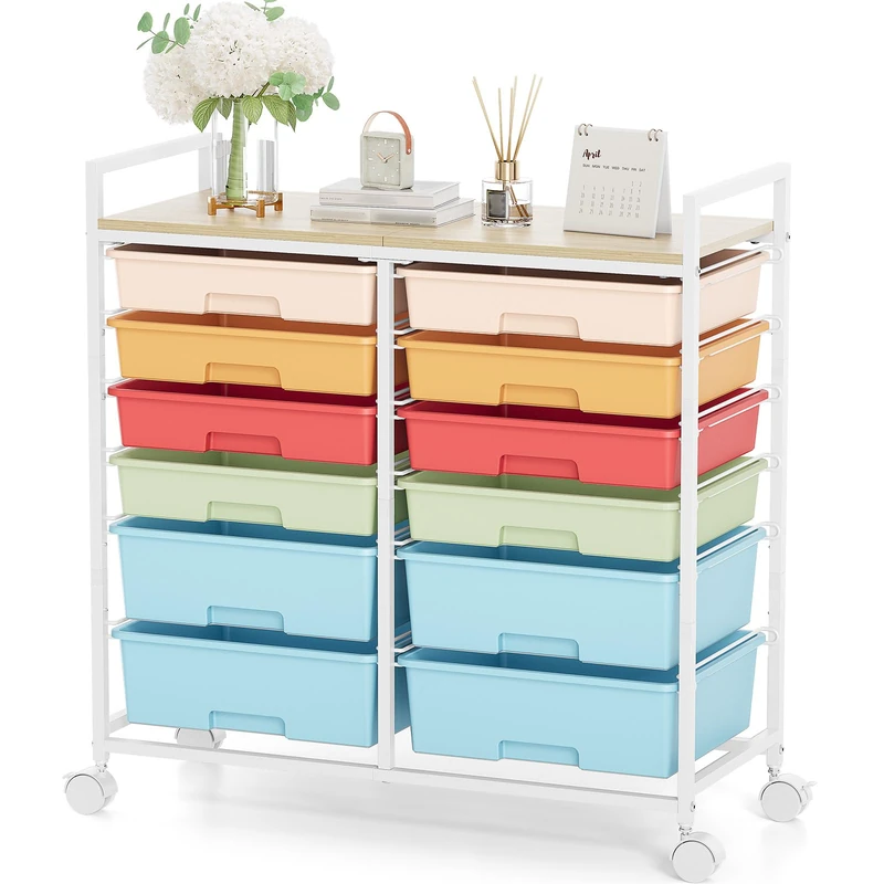Rolling Storage Cart with 12 Drawers, Wooden Tabletop Utility Cart for Craft Storage, Art Supply Storage & Home Office Organization, Teacher Cart with Wheels for Classroom, School (Rainbow)