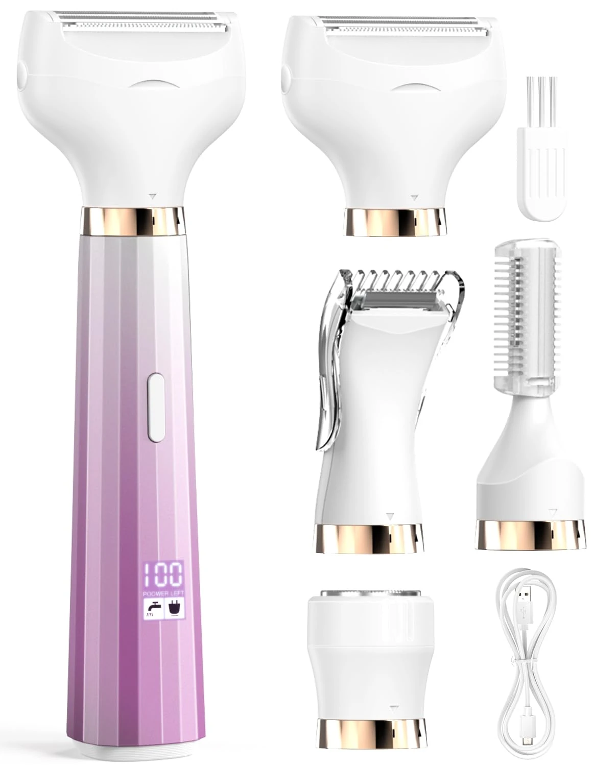 PKBD 4 in 1 Lady Shavers for Women with LED Battery Display, Bikini Trimmer Women, Electric Razor for Woman's Body, Legs, Pubic Hair, IPX6 Waterproof & Rechargeable, Portable Wet and Dry, Purple