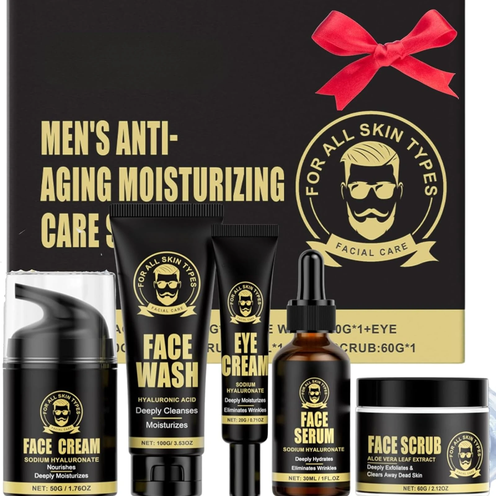 5PCS Men's Anti-Aging Care Set Kit，Mens Skin Care Sets & Kits - Mens Face Cream, Face Wash & Scrub, Eye Cream, Anti Wrinkle Serum -Hydrating & Moisturizing Face Care|All Skin Types | Daily Routine for