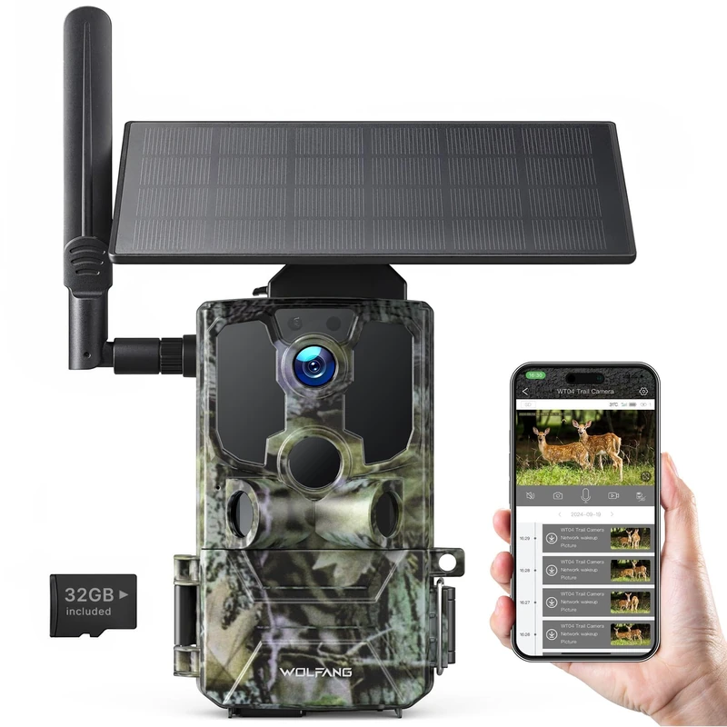 WOLFANG 4G LTE Cellular Wildlife Camera Solar Powered, 7800 mAh Battery, 2.5K Cellular Trail Camera with APP Control Built-in SIM No-Glow Night Vision 0.2s Trigger Motion Activated Waterproof