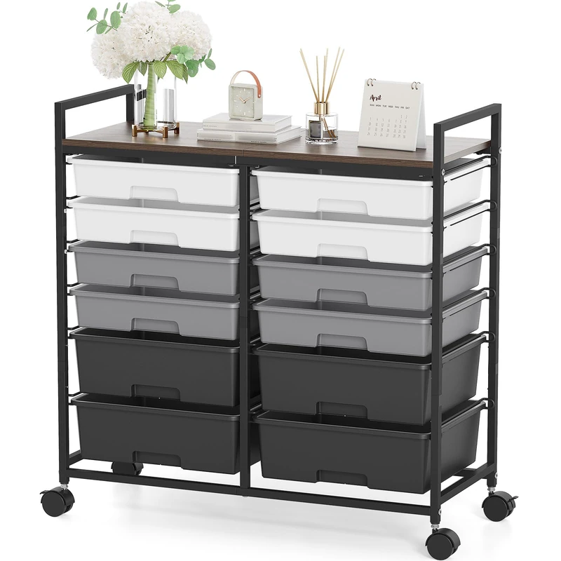 Rolling Storage Cart with 12 Drawers, Wooden Tabletop Utility Cart for Craft Storage, Art Supply Storage & Home Office Organization, Teacher Cart with Wheels for Classroom Organization, School (Grey)