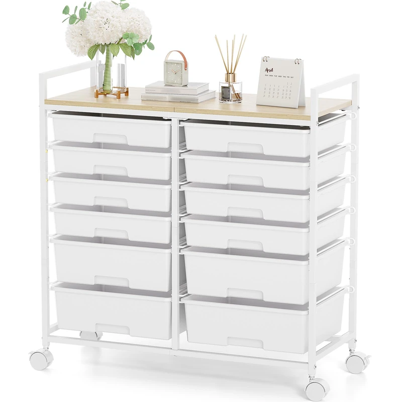 Rolling Storage Cart with 12 Drawers, Wooden Tabletop Utility Cart for Craft Storage, Art Supply Storage & Home Office Organization, Teacher Cart with Wheels for Classroom, School (White)