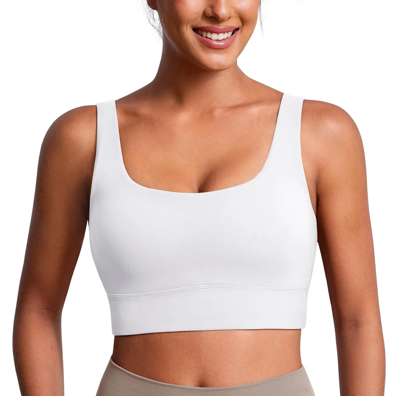 BAYDI Clouduxi Scoop Neck Sports Bras for Women - U Back Padded Workout Crop Top with Built in Bra Low Impact Yoga Bra White