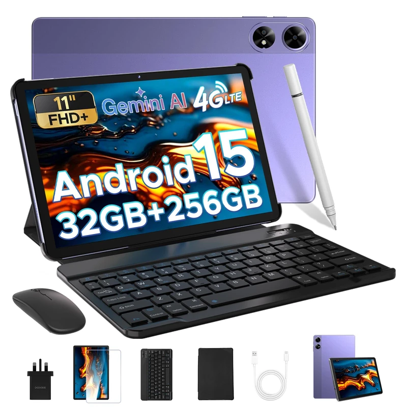 Tab G6+ Android 15 Tablet with Keyboard, 8000mAh Battery Gemini AI Tablets 11 Inch, Unisoc T7280 Octa Core 32GB+256GB/2TB, Widevine L1, Gaming Tablet with Pen, Mouse&Case, BLACK