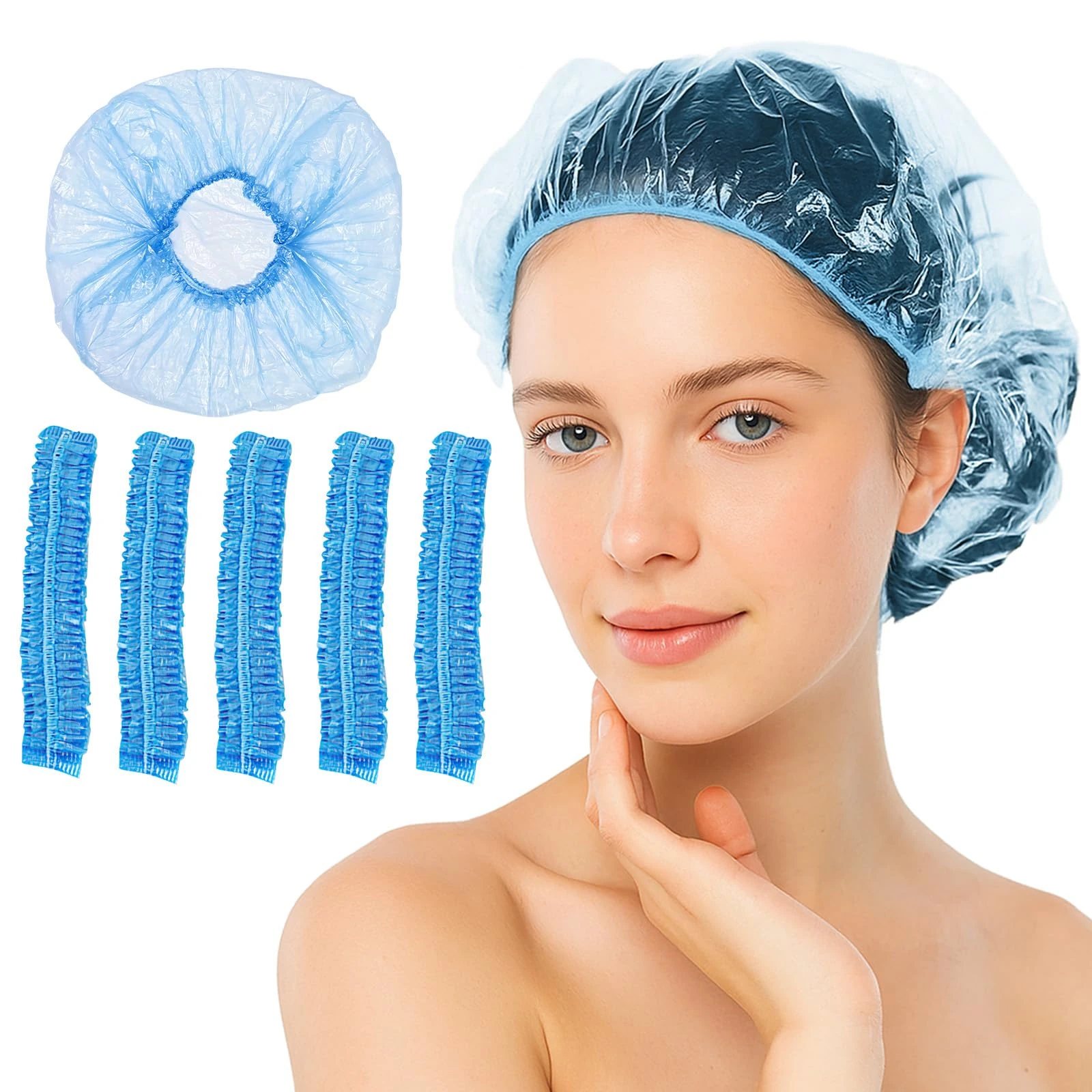 100Pcs Shower Caps Disposable, Disposable Shower Caps for Women, Large Thick Waterproof Shower Cap, Plastic Elastic Hair Bath Caps for Hair Treatment for Salon, Spa, Travel, Home Use, Hotel (Blue)